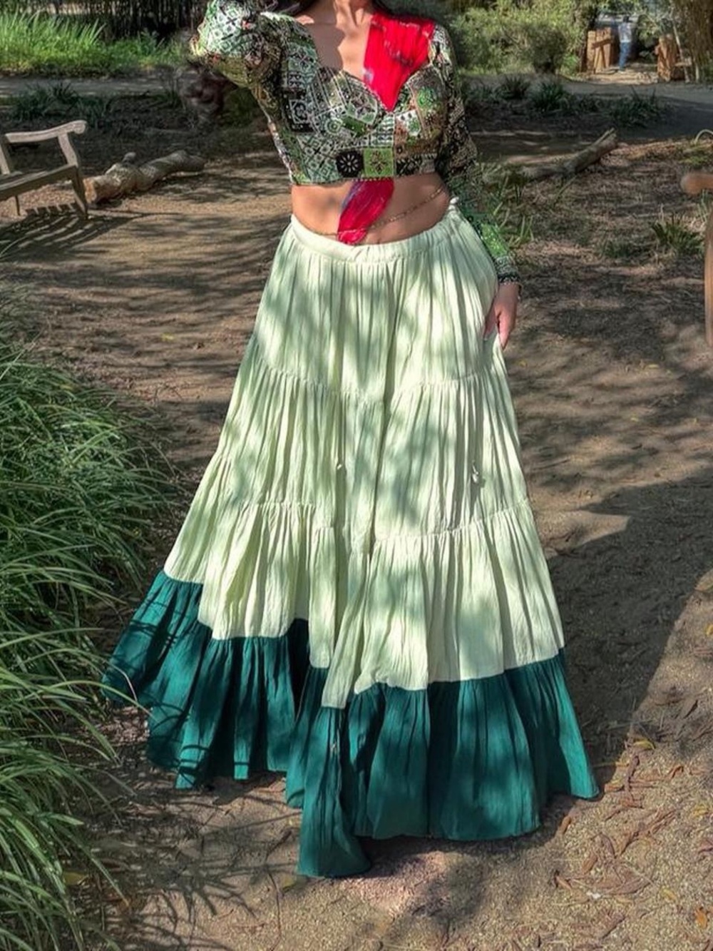 Flowy Two-Tone Tiered Maxi Skirt - Light Green and Teal perfect garba outfit